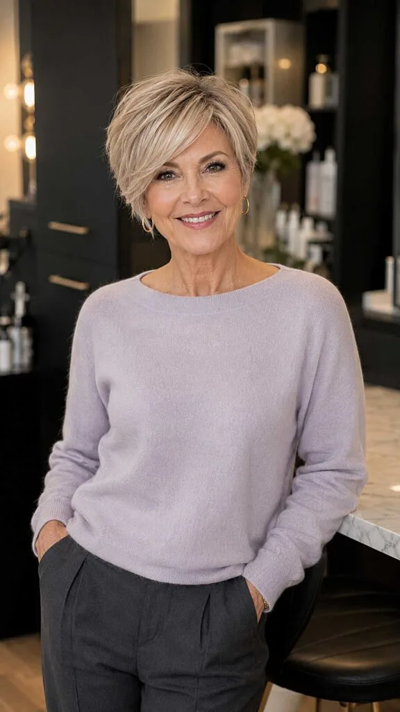 Platinum ash blonde pixie with long sweeping fringe