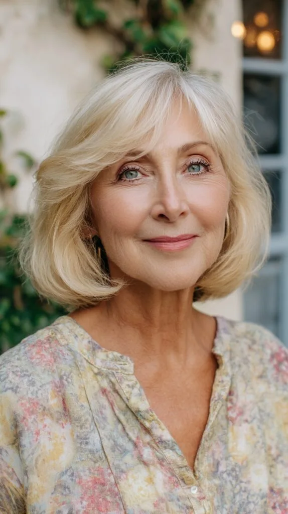 Platinum Midi Bob with Face-Framing Lift and Feathered Perimeter