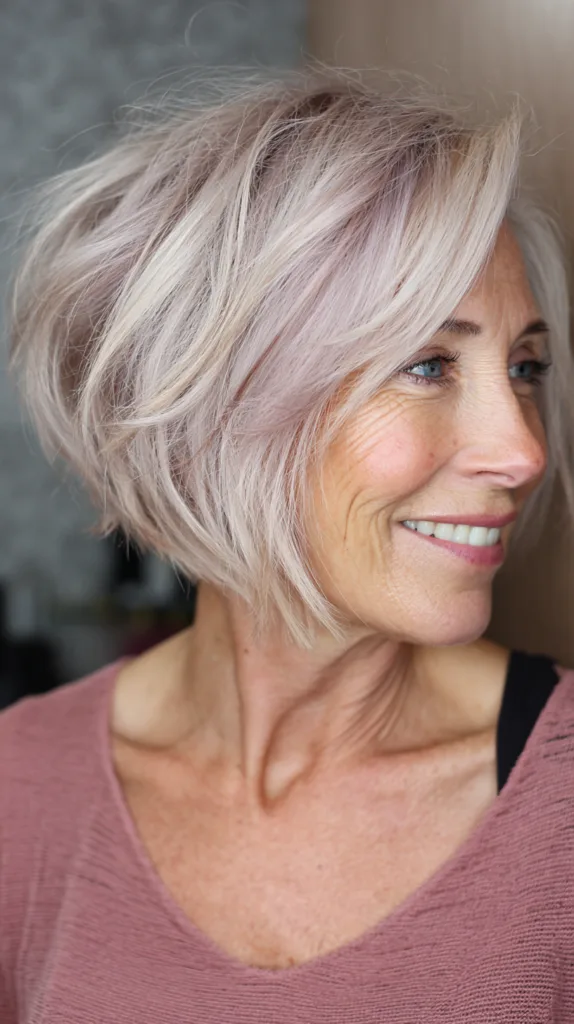 Platinum stacked bob with lavender tint and wispy layers