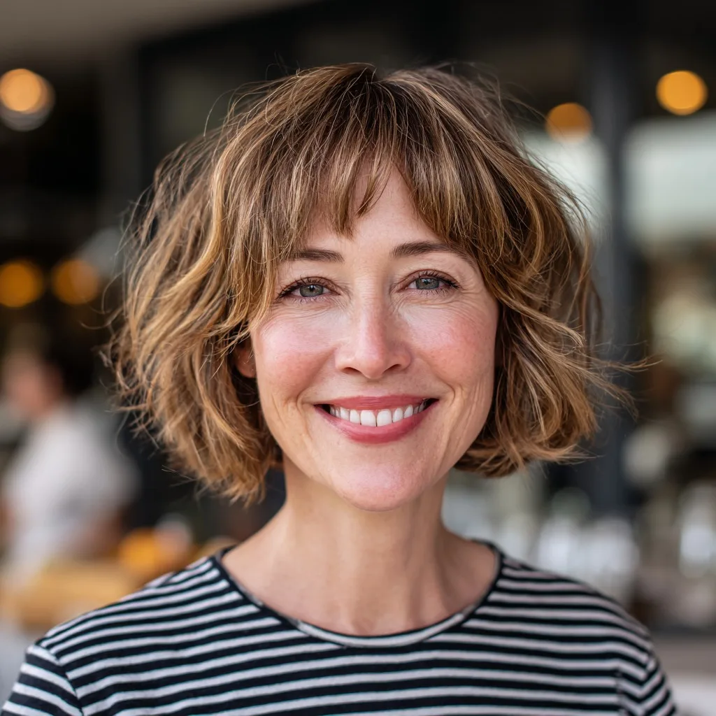 Playful Curly Shag Bob with Soft Curtain Bangs