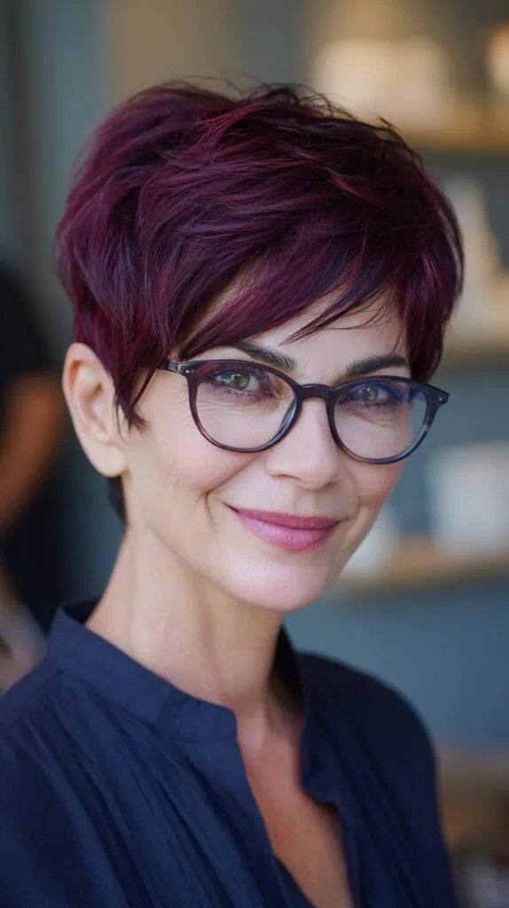Plum Pixie with Feathered Side Fringe and Tapered Nape