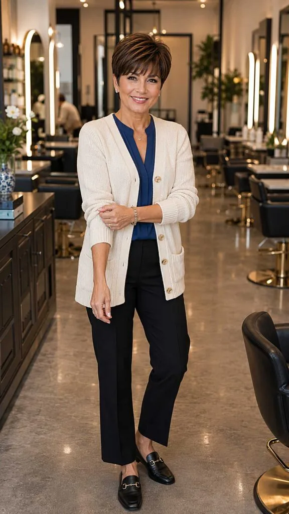 Polished auburn-tinted pixie cut with full soft bangs