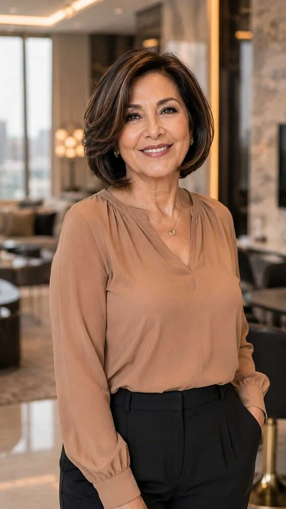 Polished dark bob with soft caramel balayage