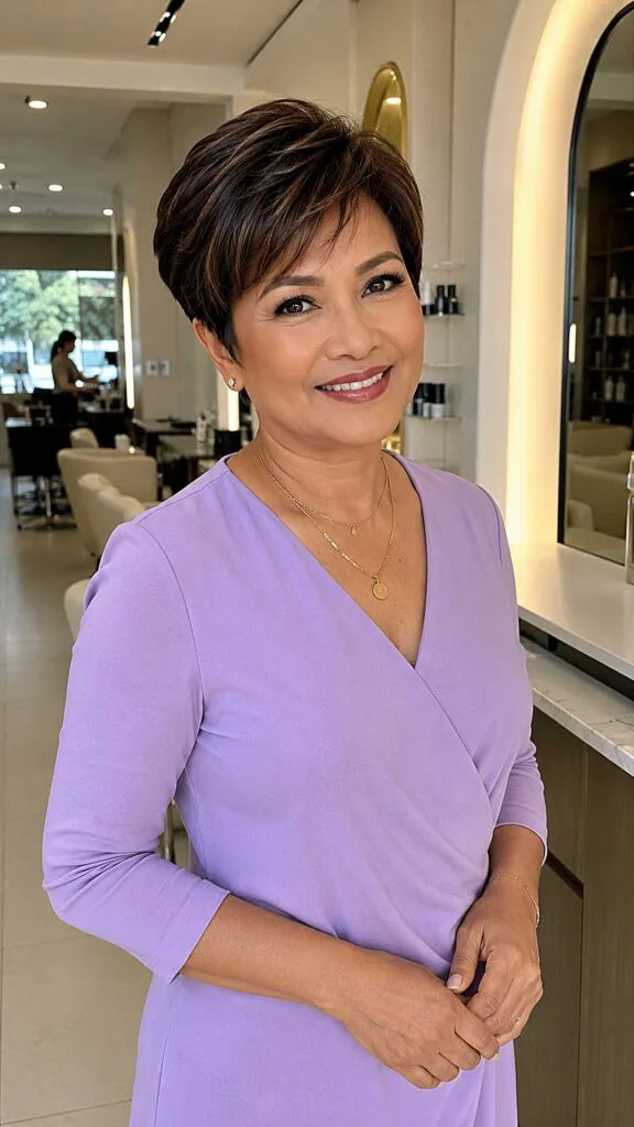 Polished dark brown pixie cut with side-swept fringe