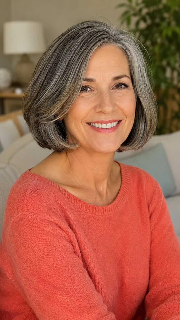 Polished gray bob with dark roots and inward bend