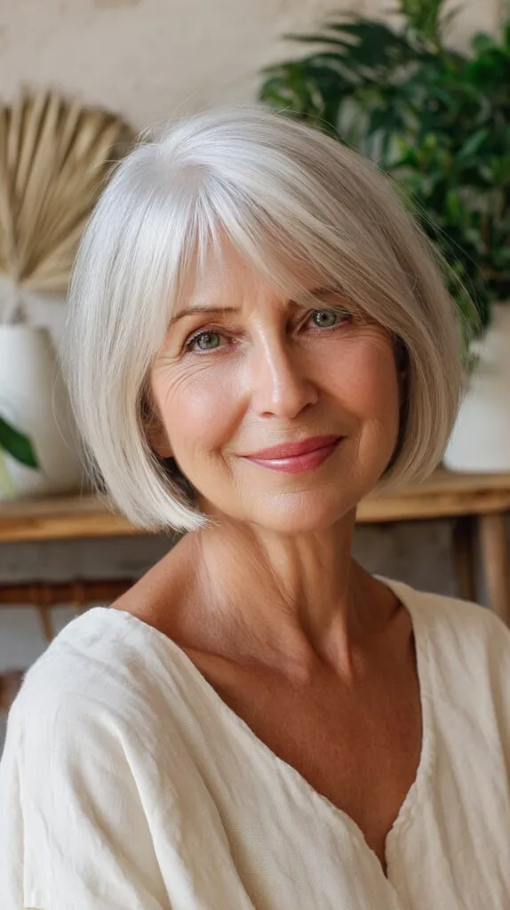 Polished Jaw-Length Square Bob with Soft Side-Swept Fringe