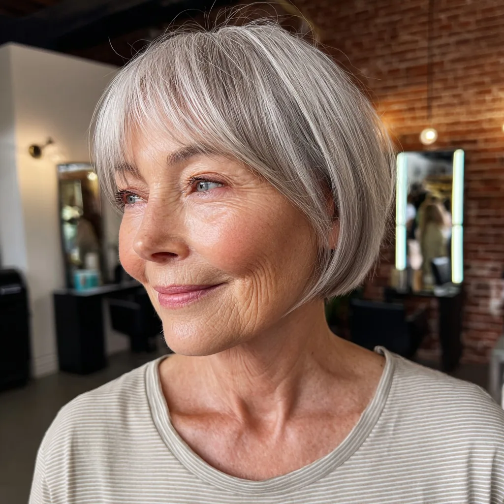 Radiant Silver Jaw-Length Bob with Soft Curtain Bangs