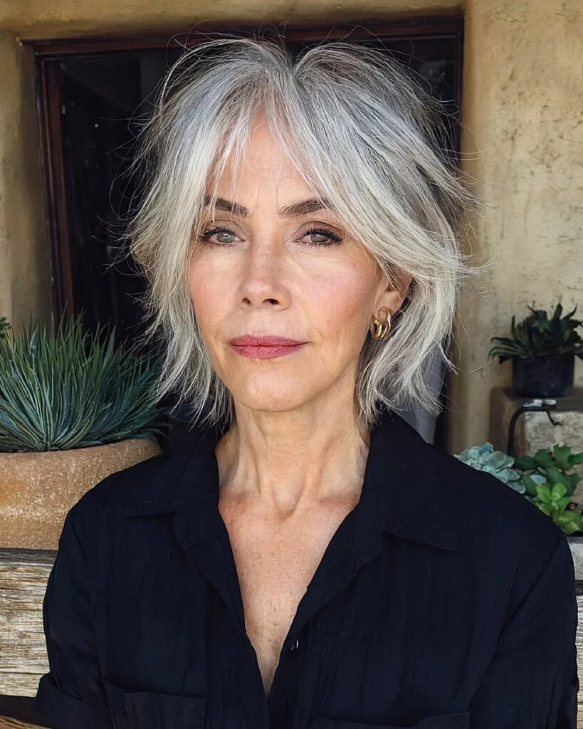Razor cut shaggy bob with textured layers and soft fringe for fine hair over 50