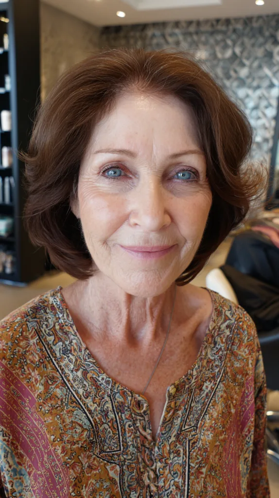 Rich chestnut bixie with flipped ends and side volume