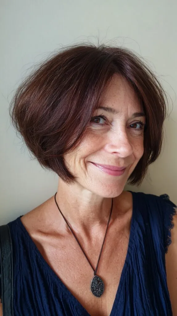 Rich Chestnut Rounded Bob with Soft Bangs