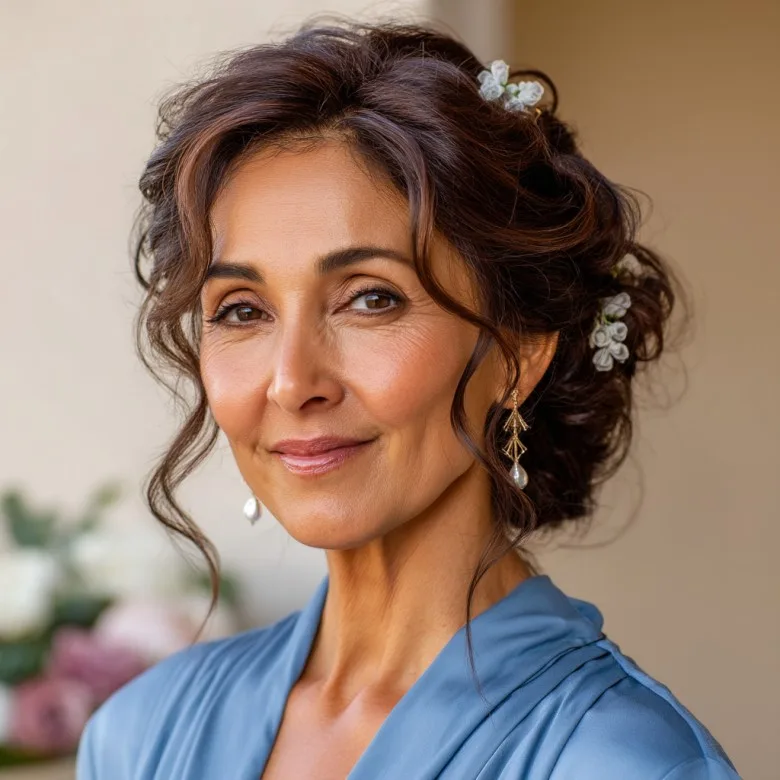 Romantic Curly Updo with Floral Accents