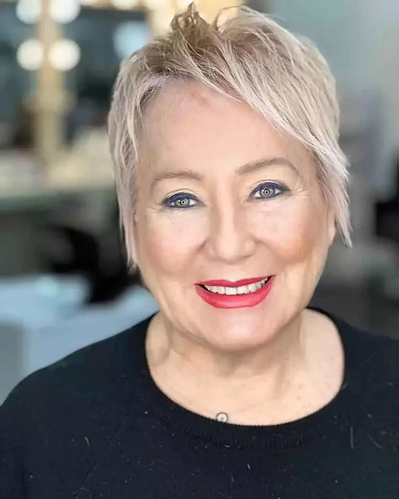 Rooted Choppy Lixie Cut for Older Women with Thin Hair and Sweeping Bangs