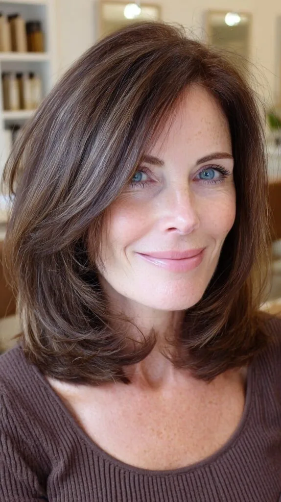 Rounded Chestnut Shoulder-Length Layers with Subtle Ash Babylights