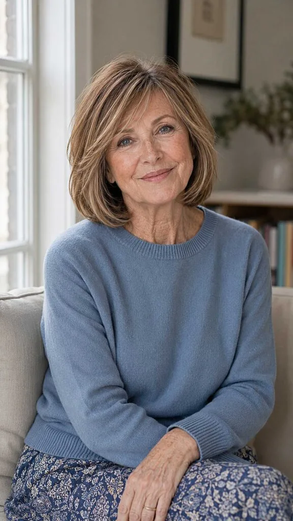 Rounded chin-length bob with toffee highlights on fine hair