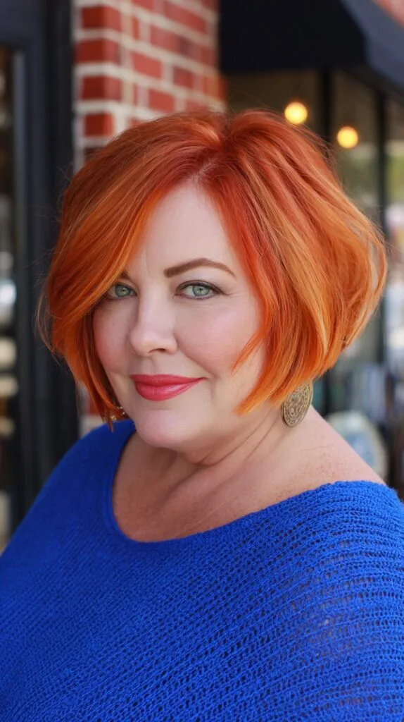 Rounded Copper Stacked Bob with Side‑Swept Face‑Framing Layers