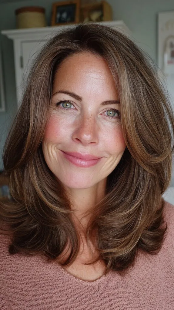 Rounded Face-Framing Chestnut Medium Layers with Root Lift