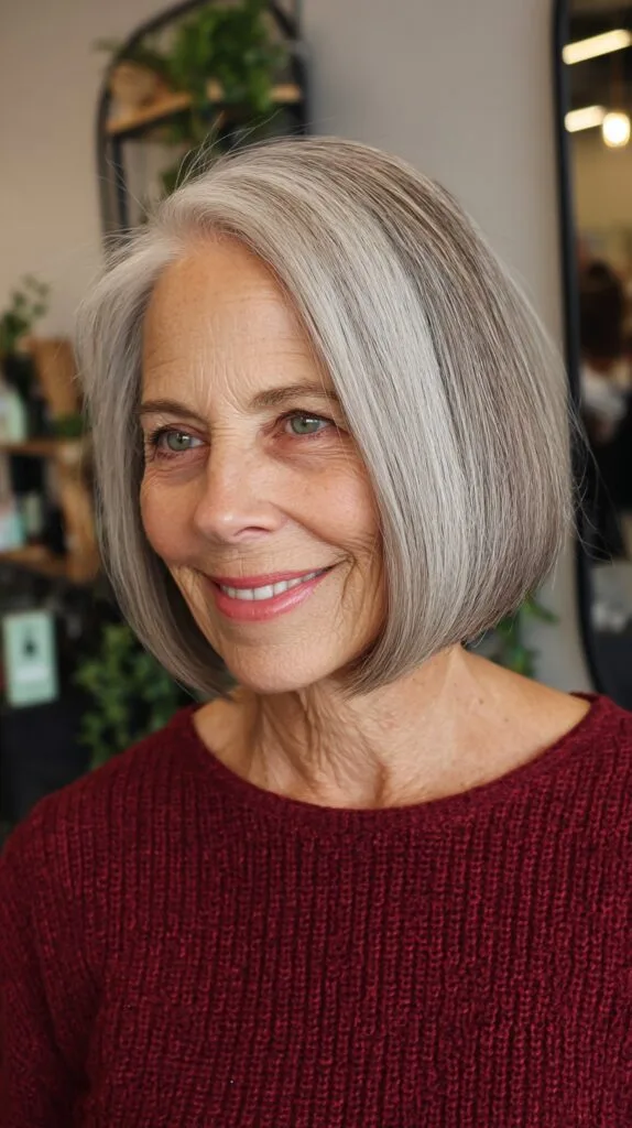 Rounded Jaw-Grazing Silver Bob with Interior Graduation and Soft Side Part