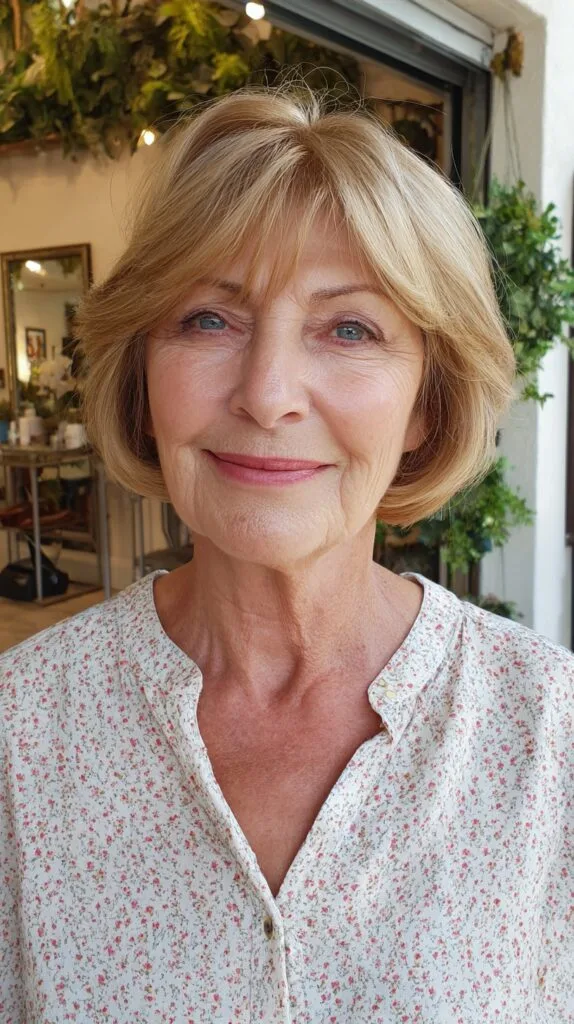 Rounded Short Layered Bob with Curtain Fringe and Root Shadow