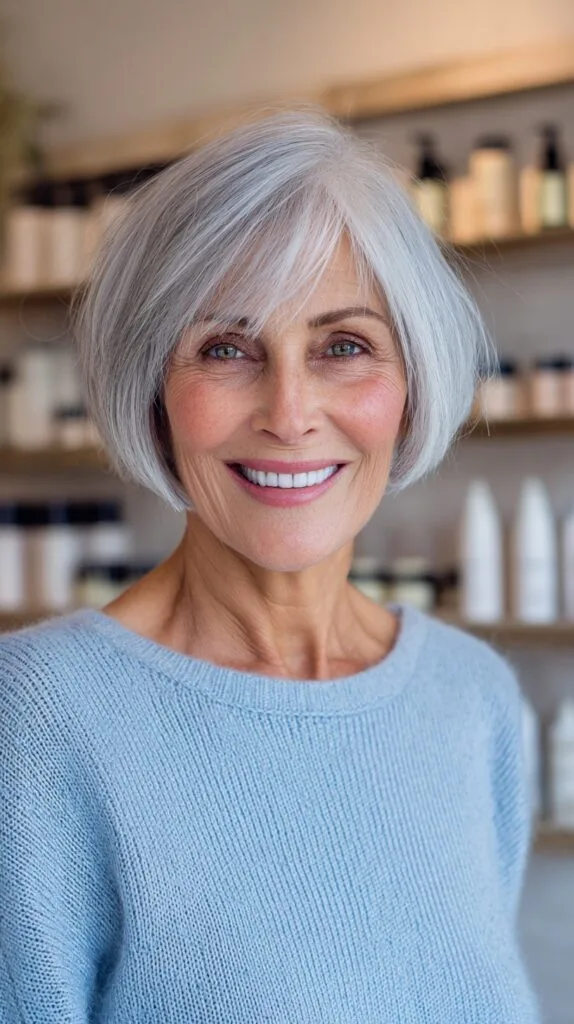 Rounded Silver Jaw-Grazing Bob with Side-Swept Long Fringe