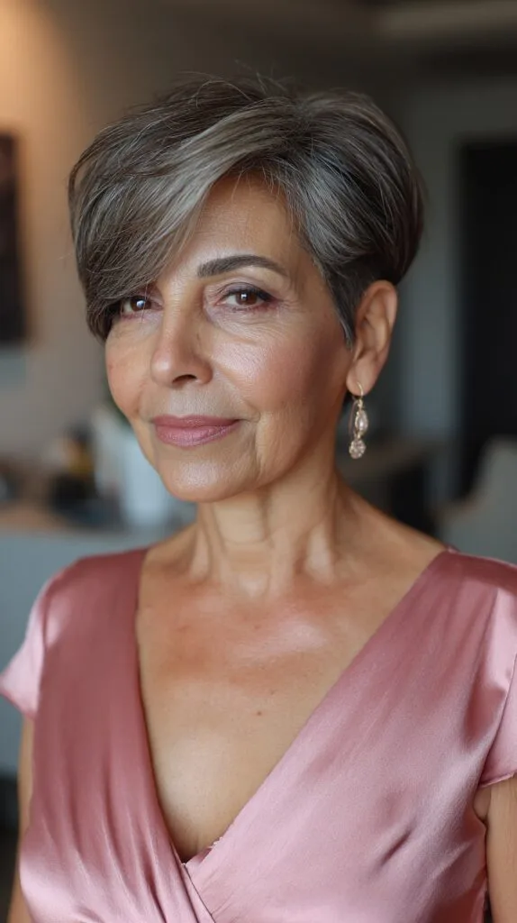 Salt-and-Pepper Layered Pixie with Deep Side-Swept Bang