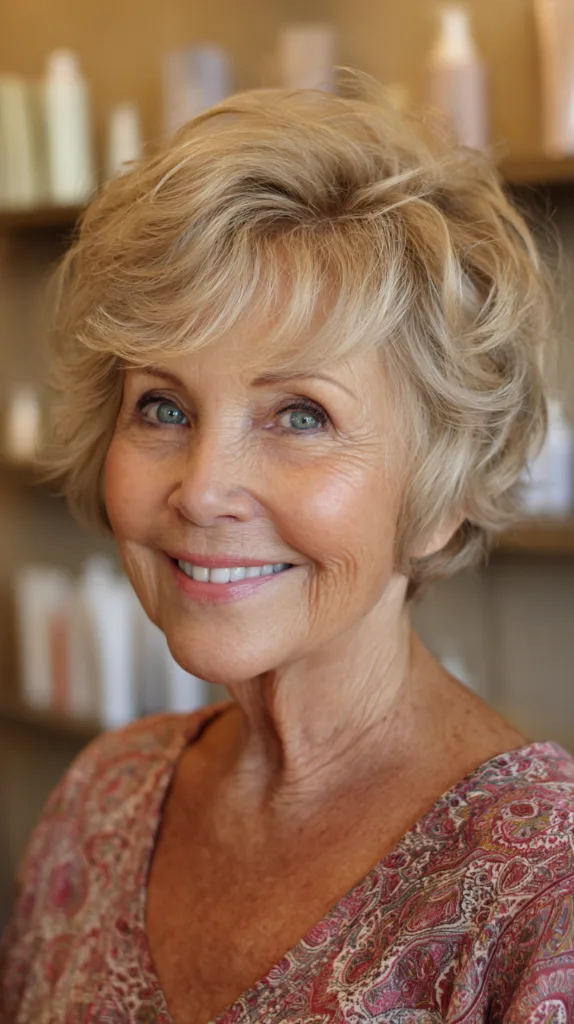Sandy blonde bixie with soft curled layers framing face