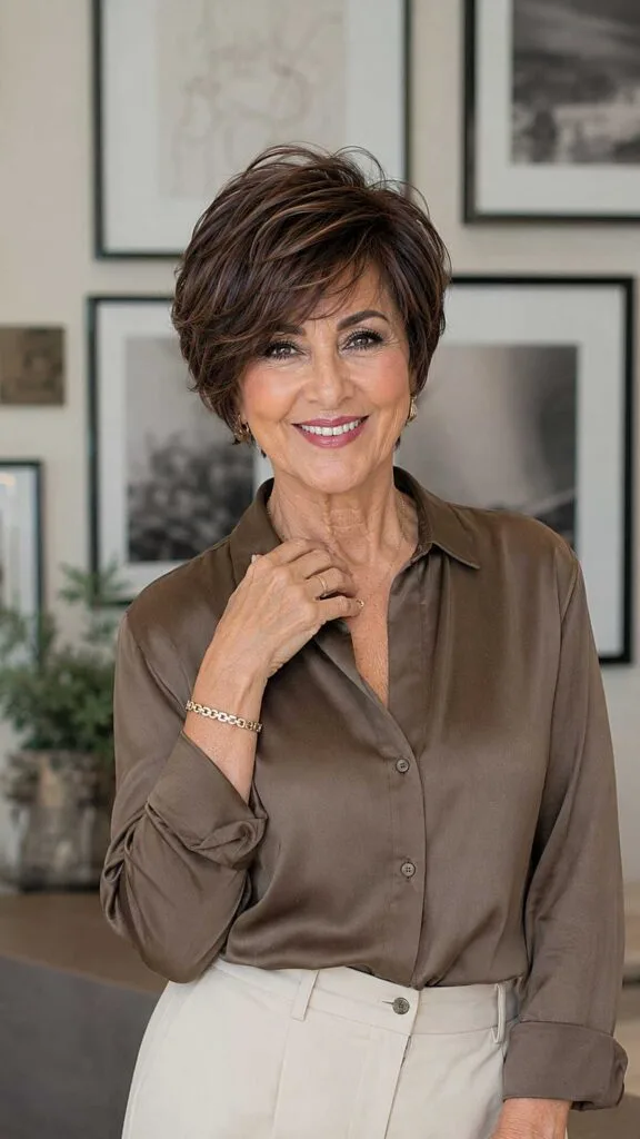 Sculpted dark brunette pixie with feathered crown