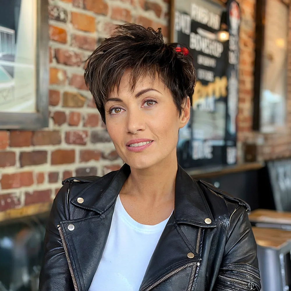 Shag pixie haircut with micro bangs and choppy texture for women over 40 wanting edge