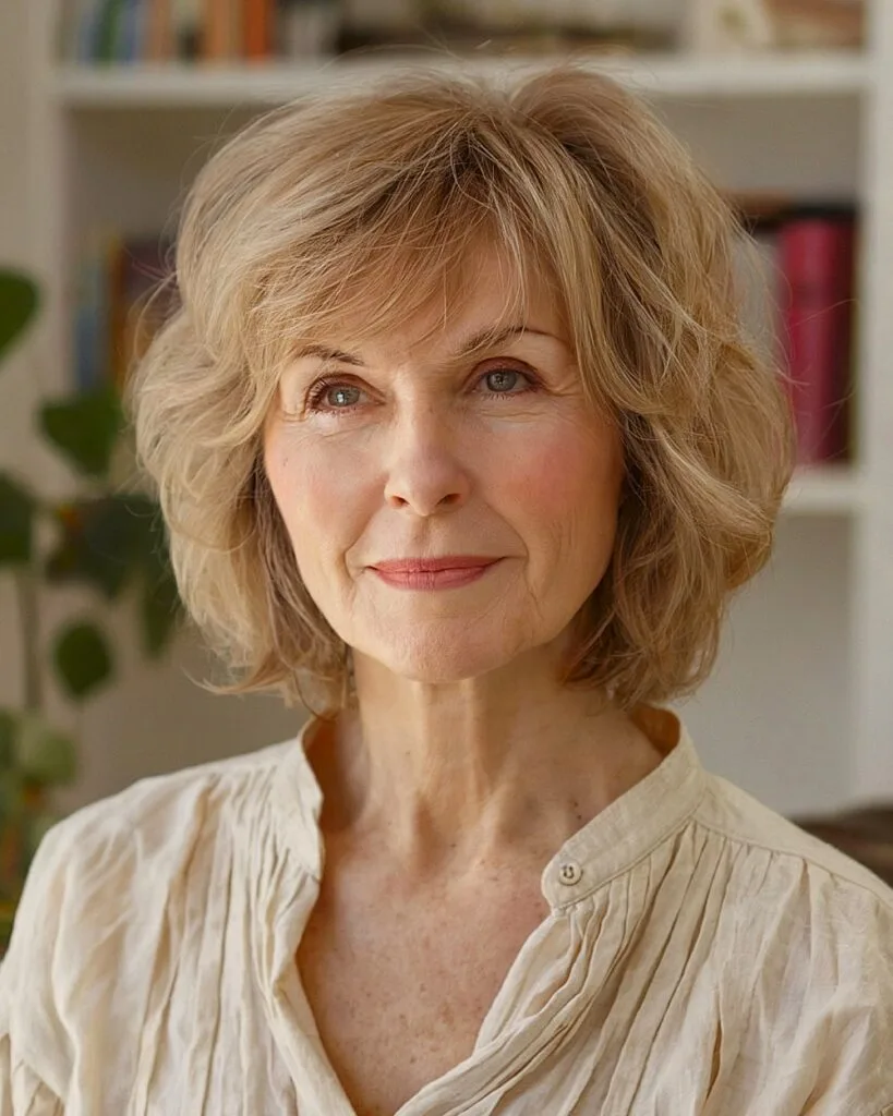 Shaggy bob haircut with soft layering for natural volume in fine hair over 50