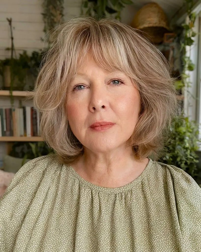 Shaggy bob with soft curtain bangs for fine hair and round face shapes over 50