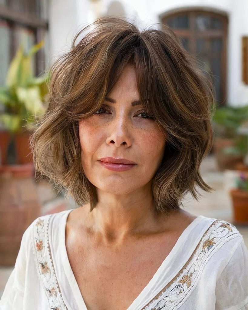 Shaggy brunette bob with curtain bangs for volume on fine hair over 50