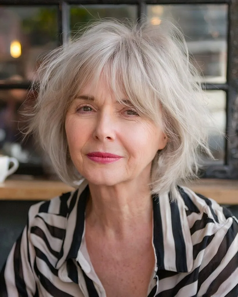 Shaggy French bob with feathered fringe and tousled layers for fine hair over 50