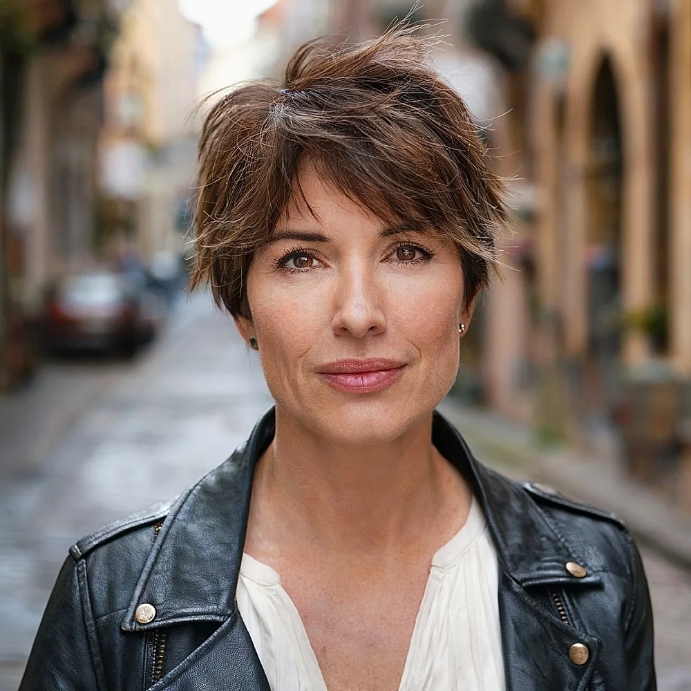 Shaggy pixie haircut with tousled layers for women over 40, adding movement and soft volume