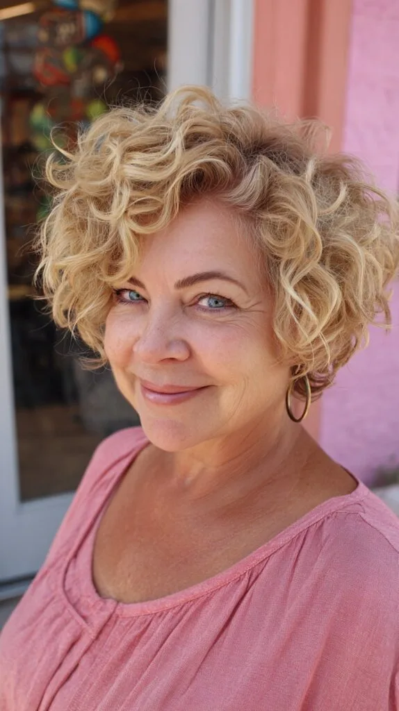 Short Curly Blonde Layered Pixie-Bob with Face‑Framing Soft Layers