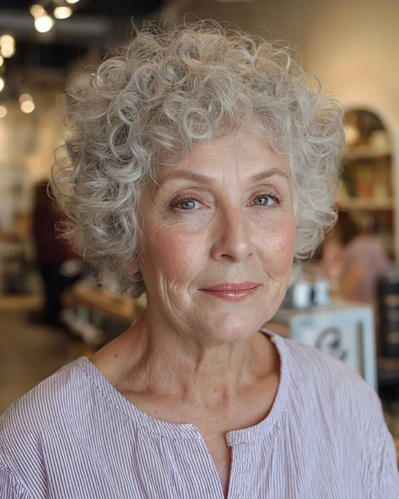 Short curly bob with volume for older women over 70 with natural gray ringlets