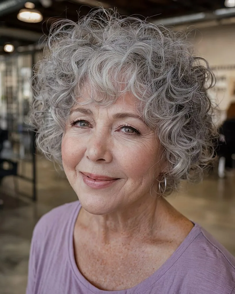 Short curly haircut with soft bangs for older women with natural gray ringlets