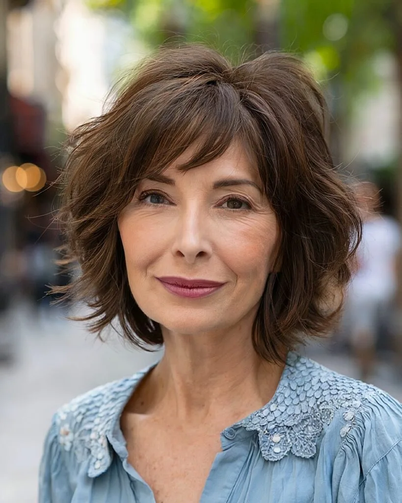 Short French bob with textured shaggy layers for women over 50 with fine hair