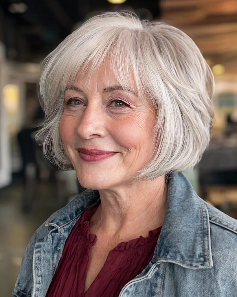 Short gray hairstyle with face-framing layers for women over 70 with soft hair texture