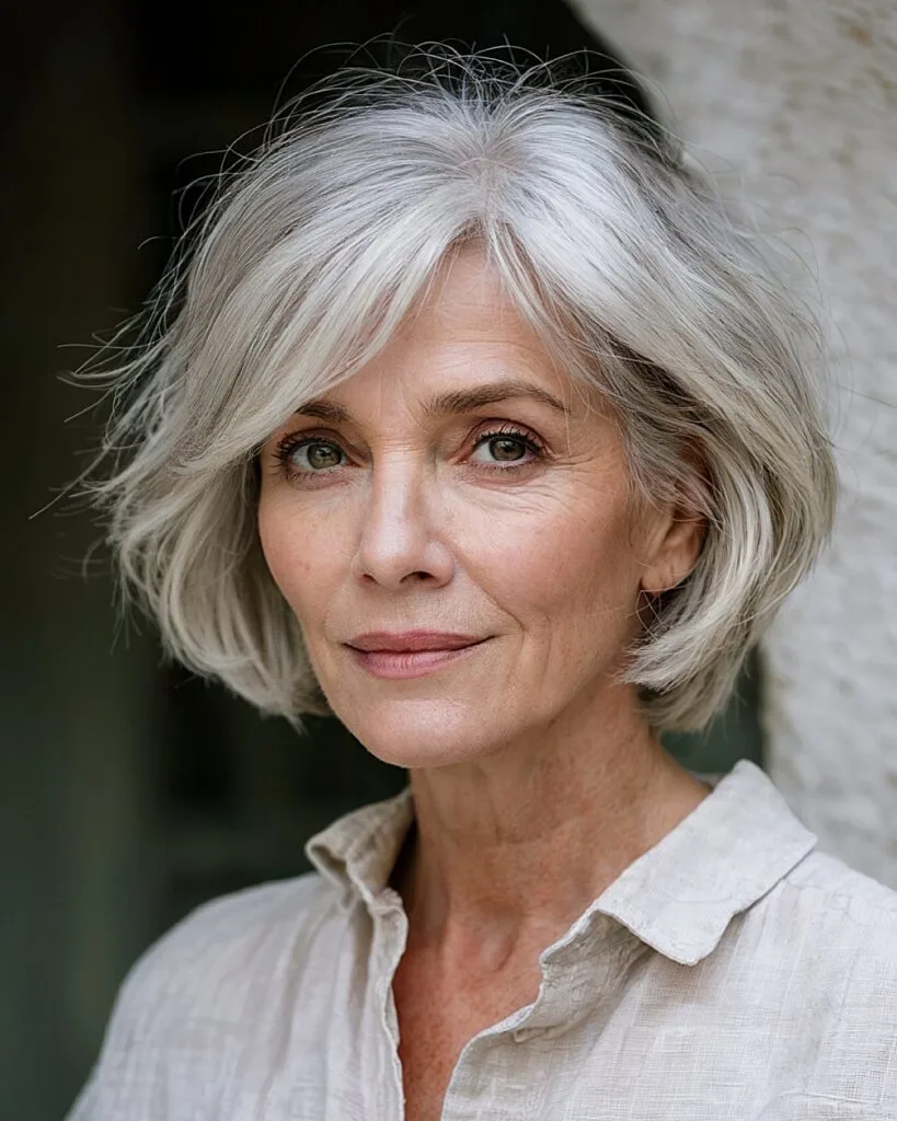 Short gray layered haircut with side-swept fringe for women over 70 with thick hair