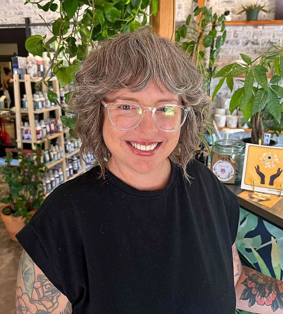 Short Grey Shaggy French Bob with Bangs for Older Women Above 40 with Glasses