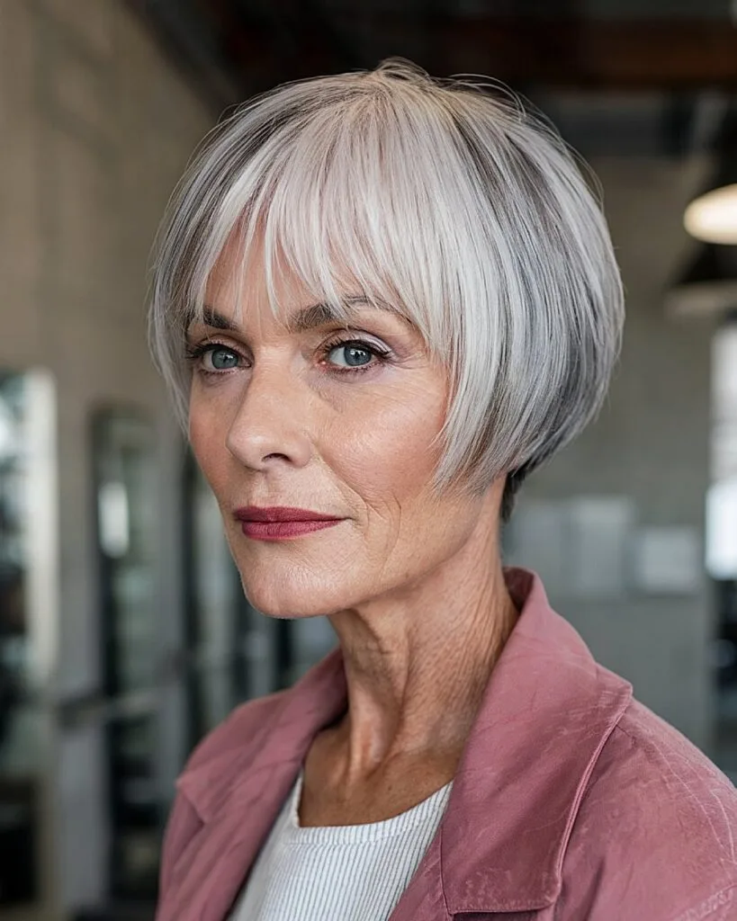 Short haircut with tapered neckline for women over 70 with white straight hair