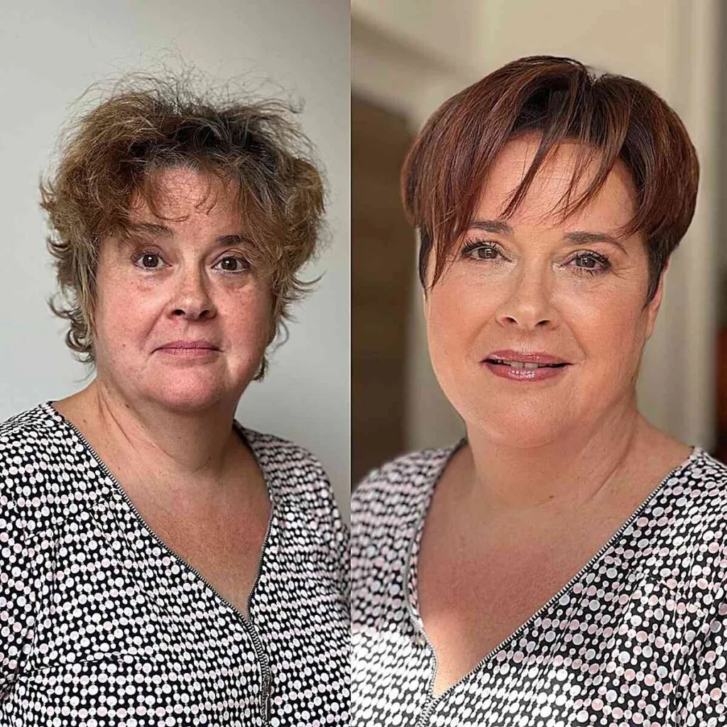 Short Haircut with Wispy Long Fringe for Women Aged 50 with Round Faces