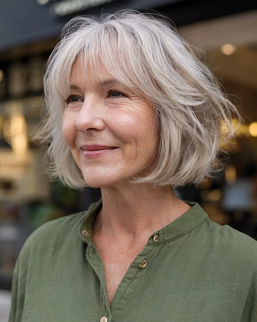 Short layered bob with flipped ends for women over 70 with straight gray hair