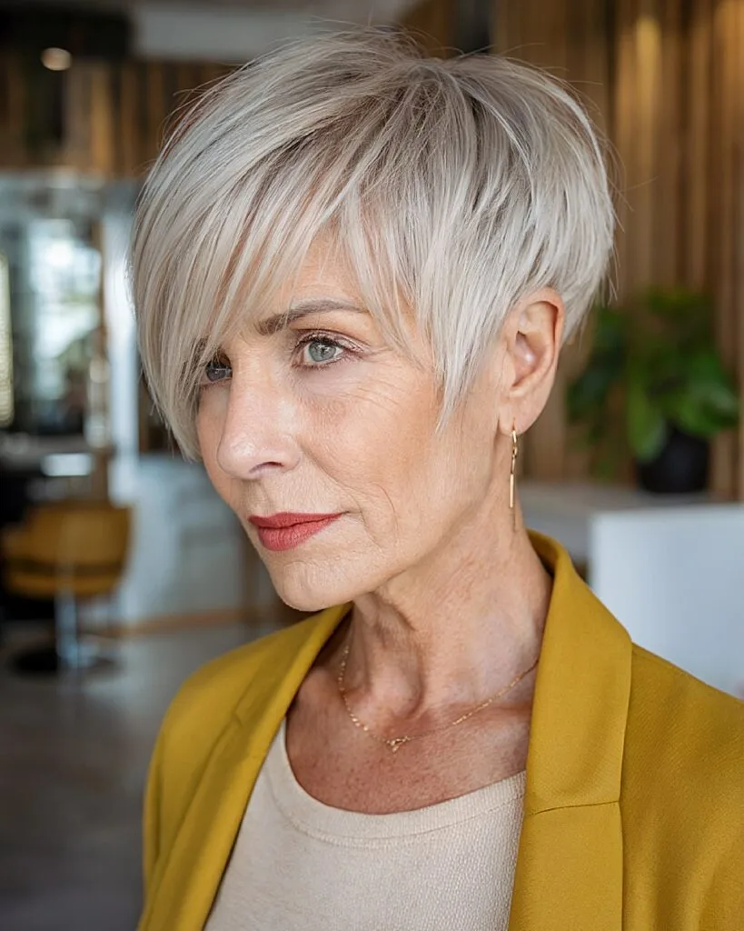 Short layered crop with deep side part for women over 70 with straight fine hair