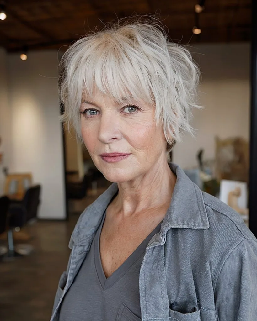 Short layered hairstyle with choppy ends for women over 70 with fine textured hair