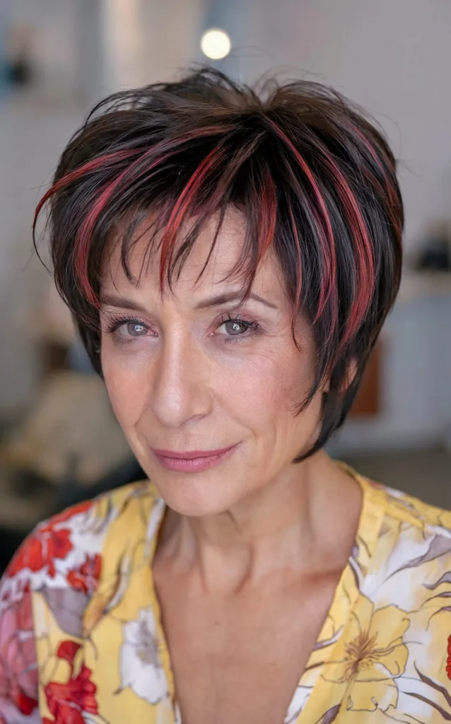 Short-Length Graduated Bixie with Fiery Red Accents for Women Over 60