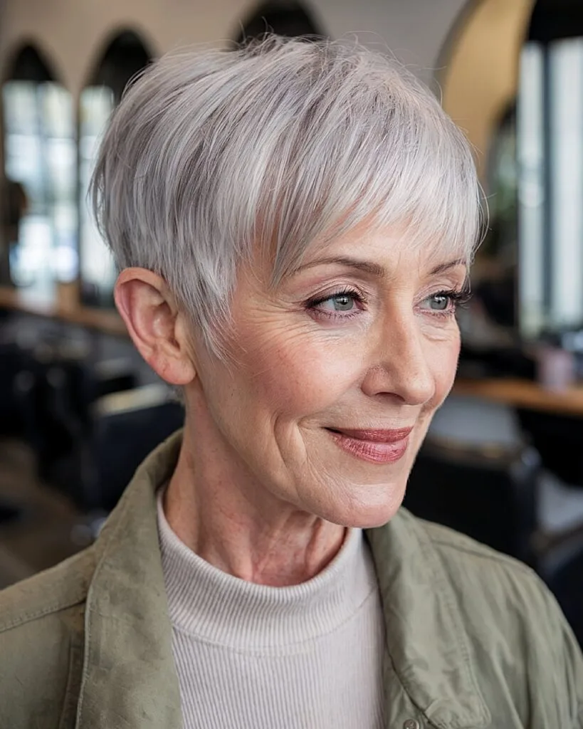 Short pixie cut with side-swept fringe for older women with thin silver hair