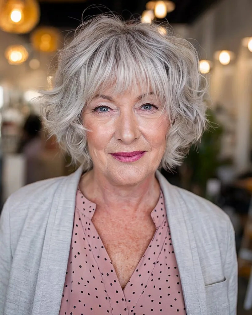 Short shag haircut with wispy bangs for older women with naturally wavy gray hair