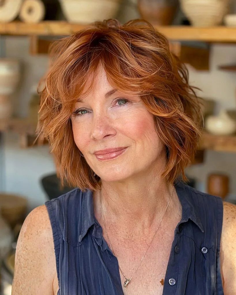 Short shaggy bob hairstyle with tousled layers and side bangs for women over 50