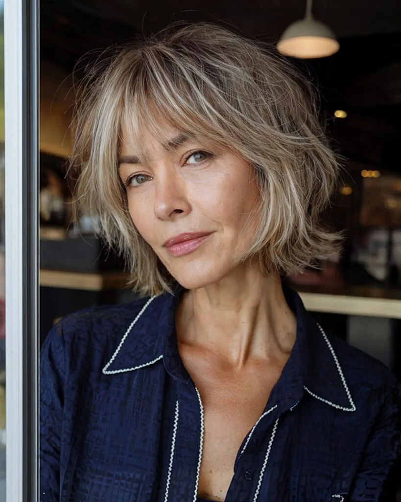 Short shaggy bob with choppy layers for fine hair over 50, adding lift and soft movement