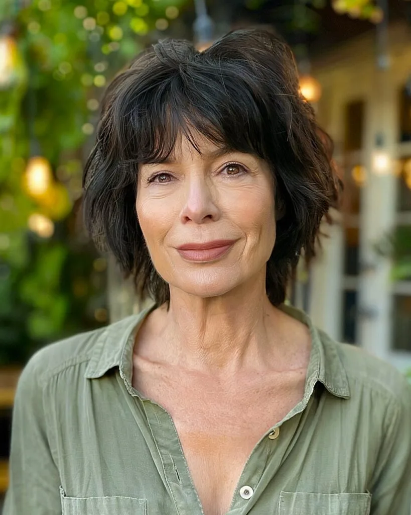 Short shaggy bob with tousled layers and wispy bangs for women over 50 with fine hair